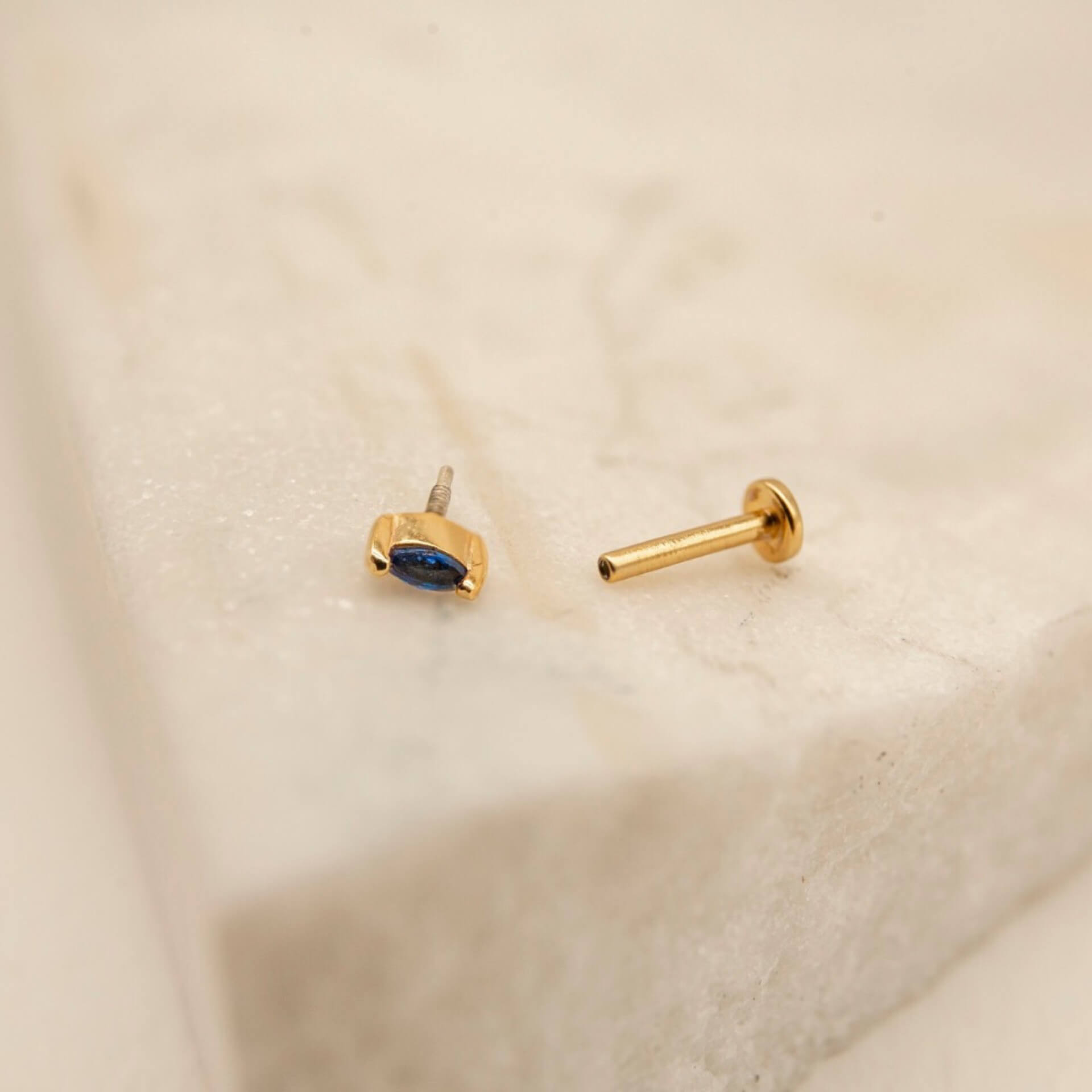18k gold vermeil and sapphire marquise flat back labret stud earring unscrewed