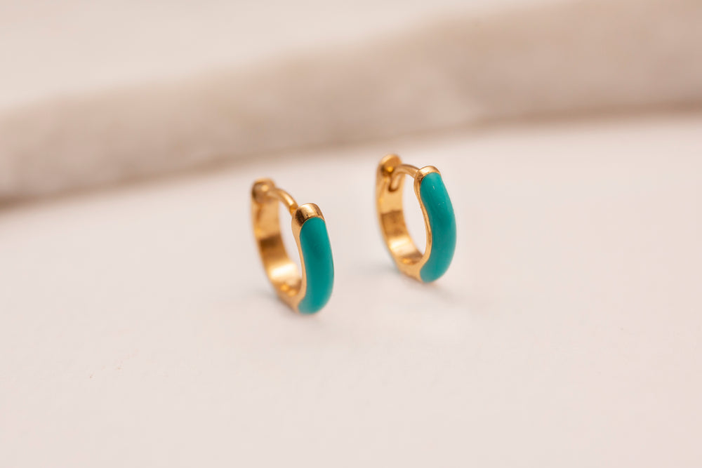 Teal Enamel Gold Huggie Earrings