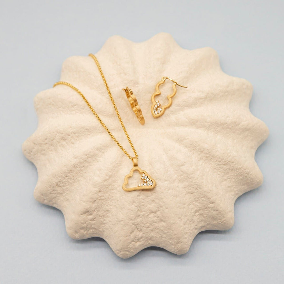 Sparkly Gold Cloud Charm Pendant Necklace and Sparkly Gold Charm Hoop Earrings - Claire Hill Designs 