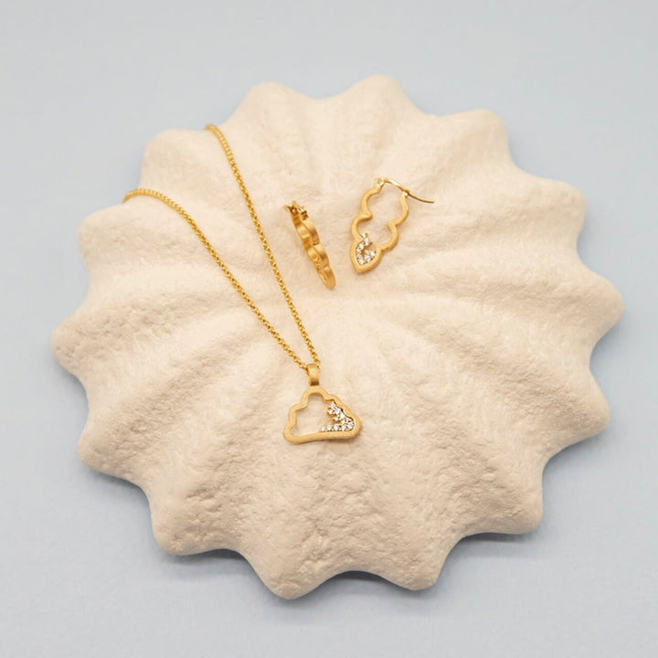 Sparkly Gold Cloud Charm Pendant Necklace and Sparkly Gold Charm Hoop Earrings - Claire Hill Designs 