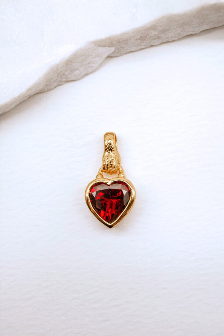 Garnet Heart in Hand Gold Charm Pendant