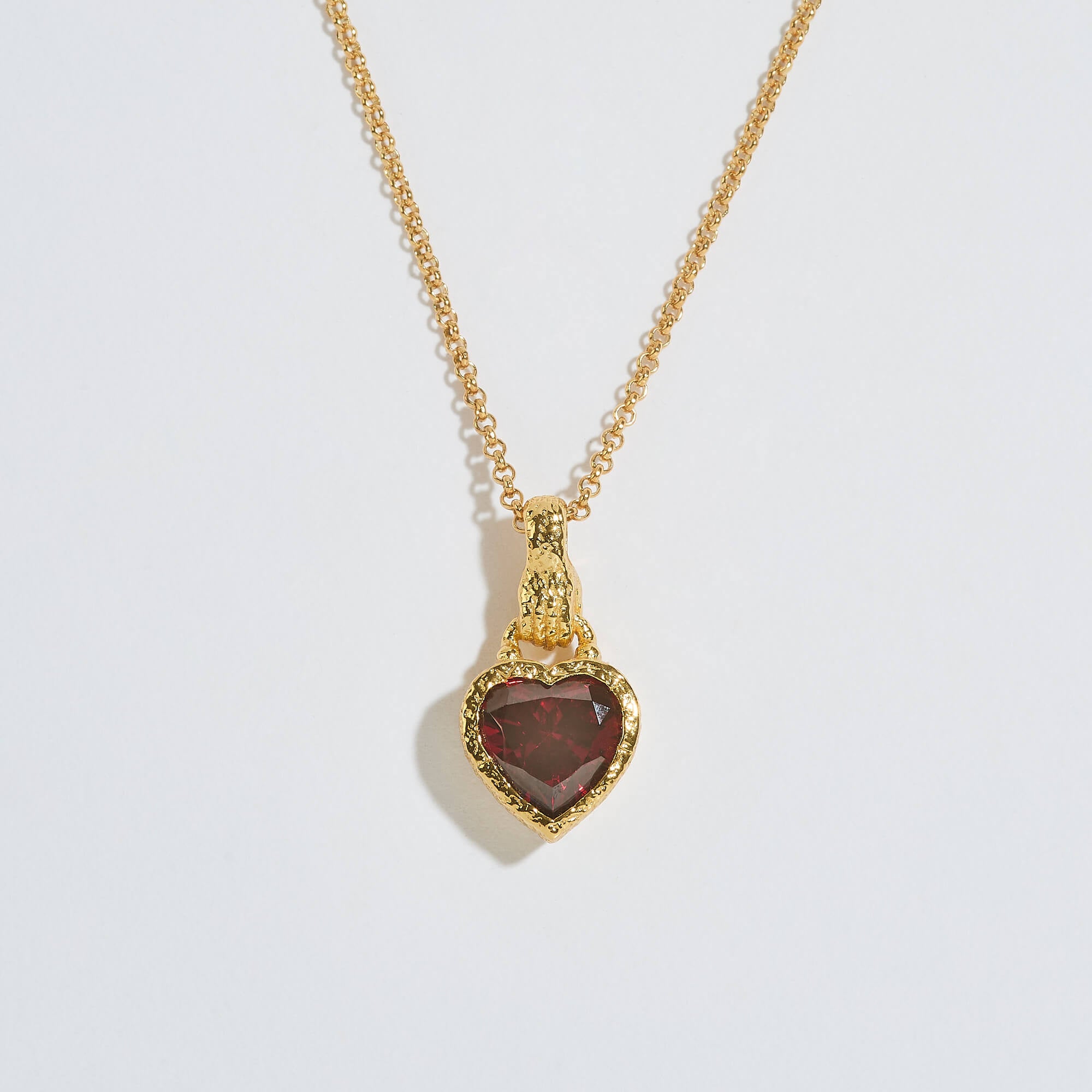 Garnet Heart in Hand Gold Charm Necklace