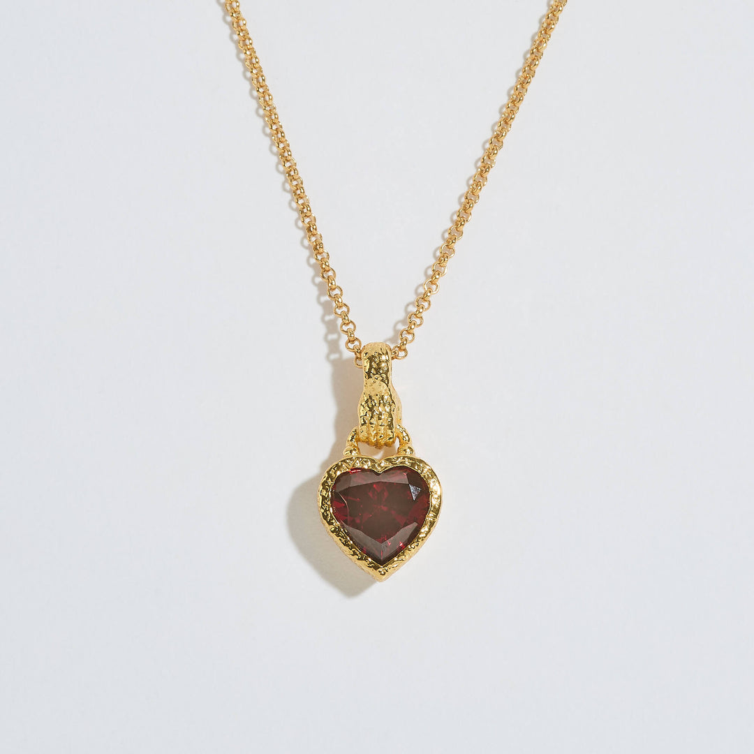Garnet Heart in Hand Gold Charm Necklace