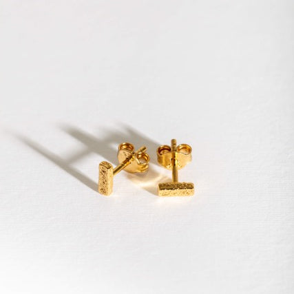 Antique-Textured Gold Bar Stud Earrings
