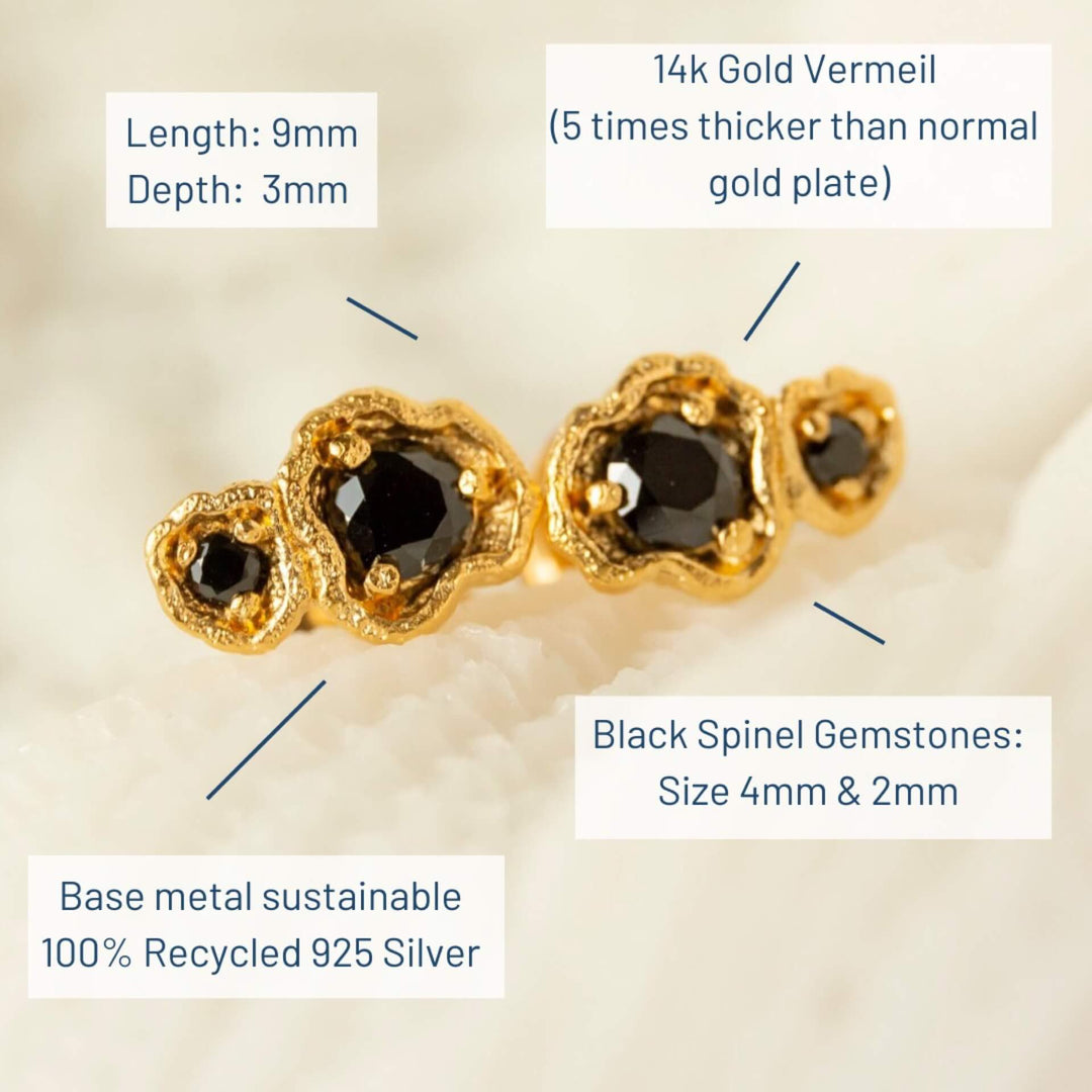 Black Spinel Gold Double Lichen Stud Earrings