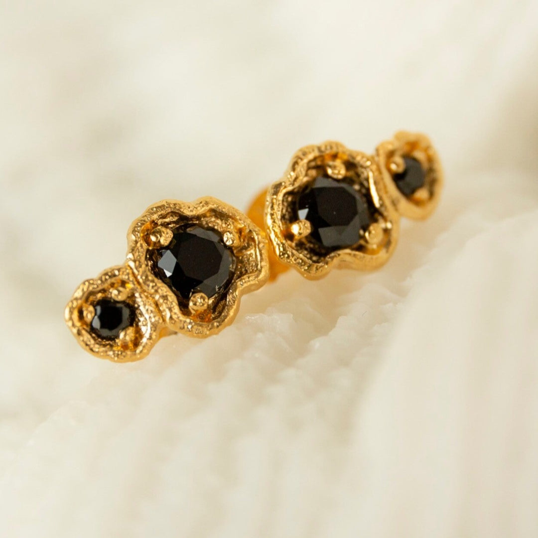 Black Spinel Gold Double Lichen Stud Earrings