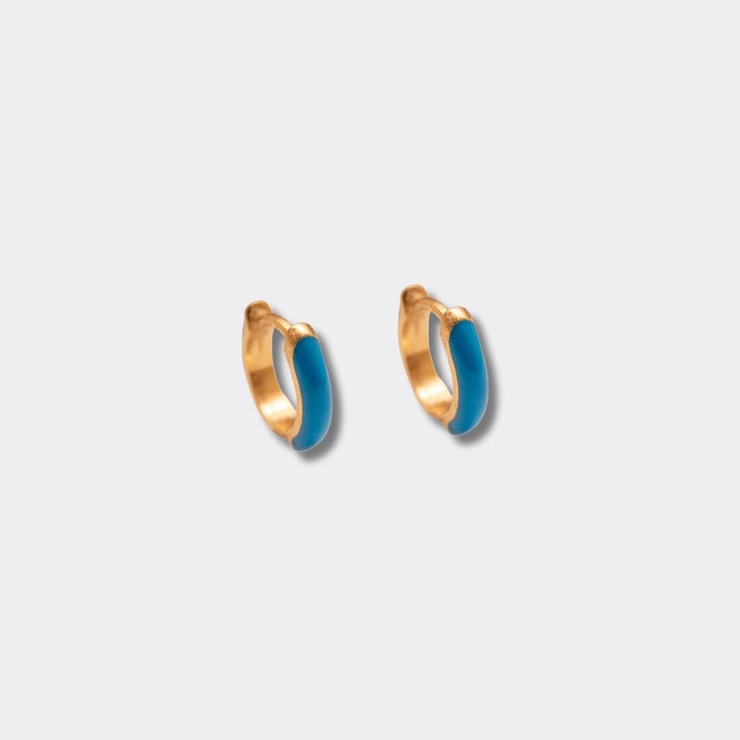 Blue Enamel Gold Huggie Earrings