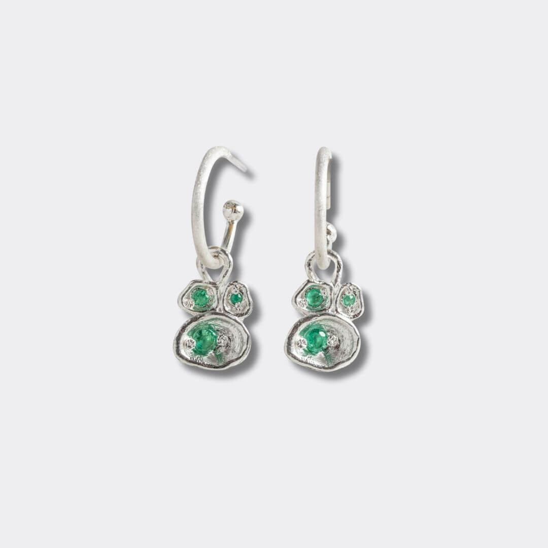 Emerald Silver Lichen Hoop Earrings