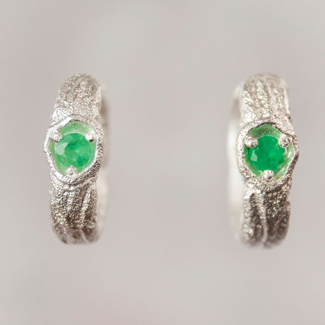 Emerald Silver Branch Hoop Earrings