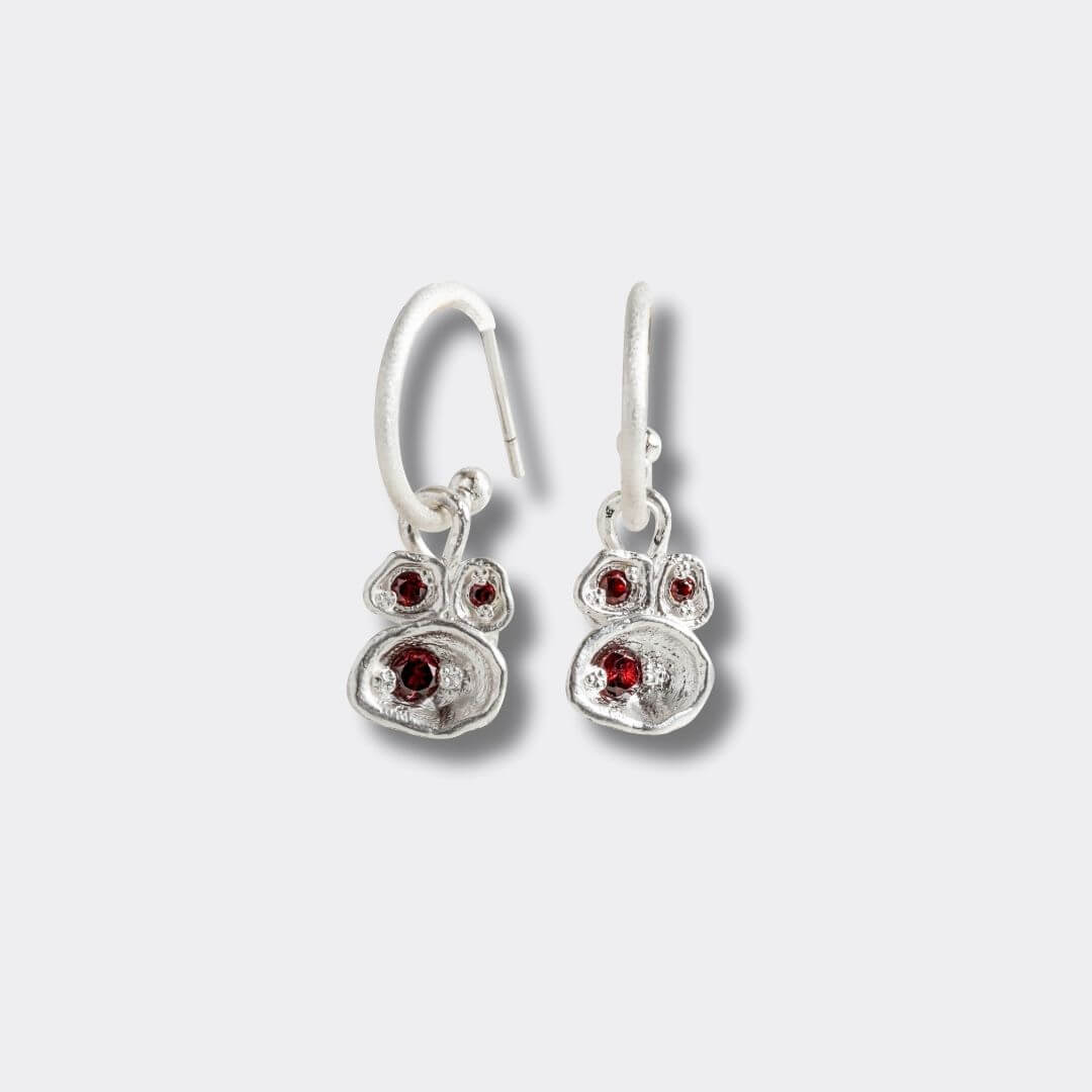 Garnet Silver Lichen Hoop Earrings