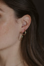 model wears Chalcedony Lichen Branch Gold Medium Hoops