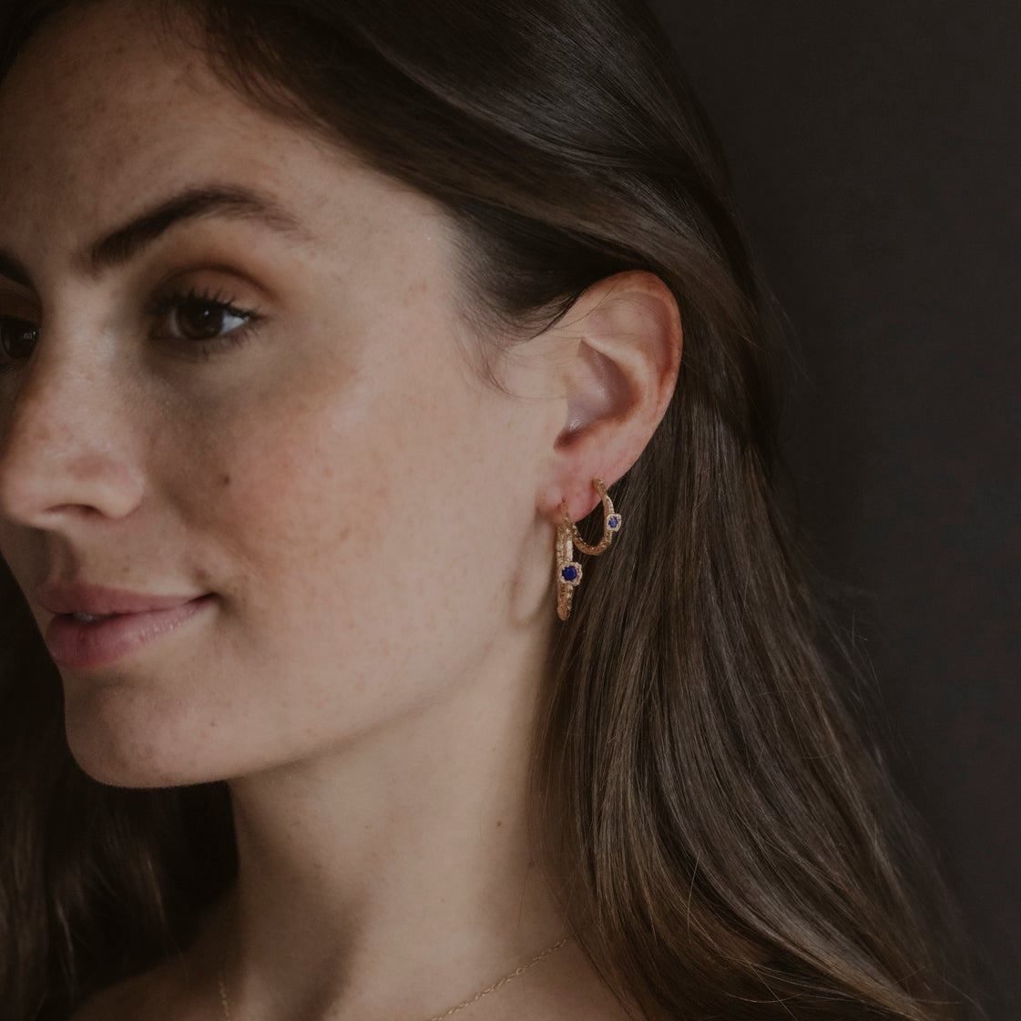 Lapis Lazuli Lichen Branch Gold Large Hoops