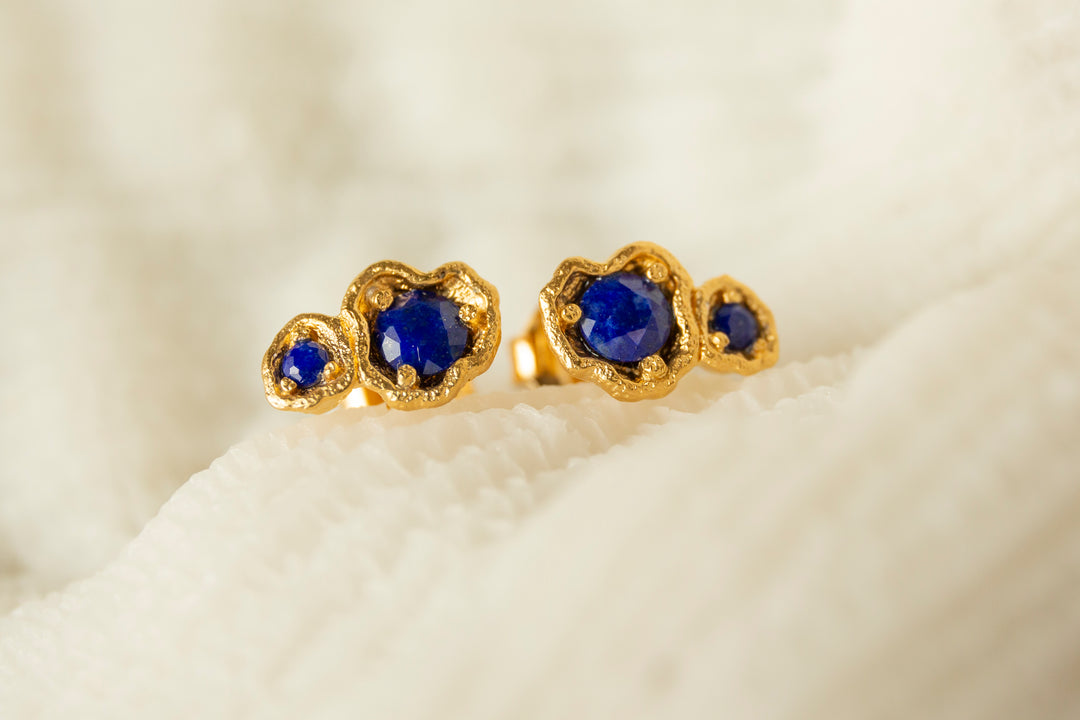 Lapis Lazuli Gold Climber Stud Earrings
