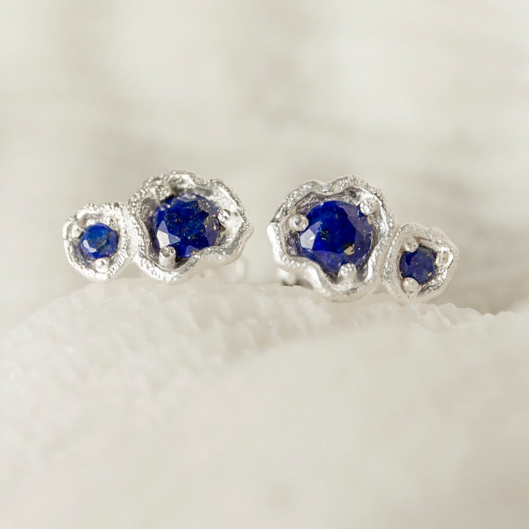 Lapis Lazuli Silver Double Lichen Stud Earrings
