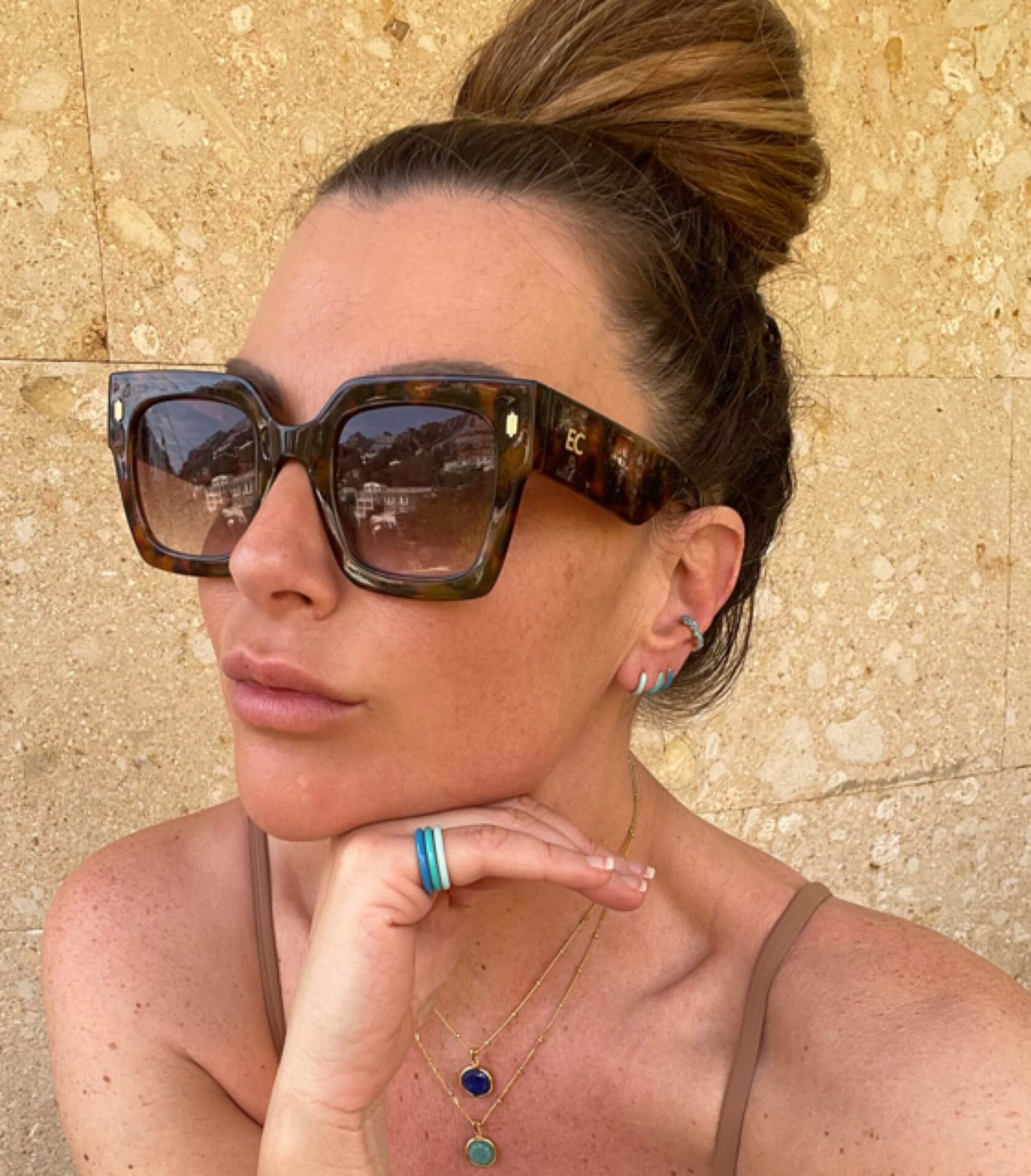 Lorna wears enameled coloured huggies on holiday