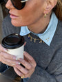 model wears Chalcedony Twisted Branch Gold Hoops