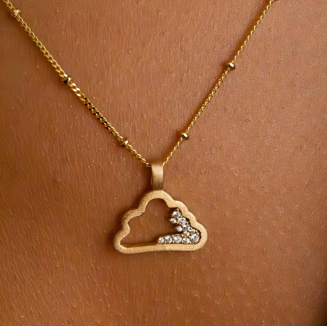 model wears Gold Cloud Charm Pendant Necklace on Beaded Chain - Claire Hill Designs 