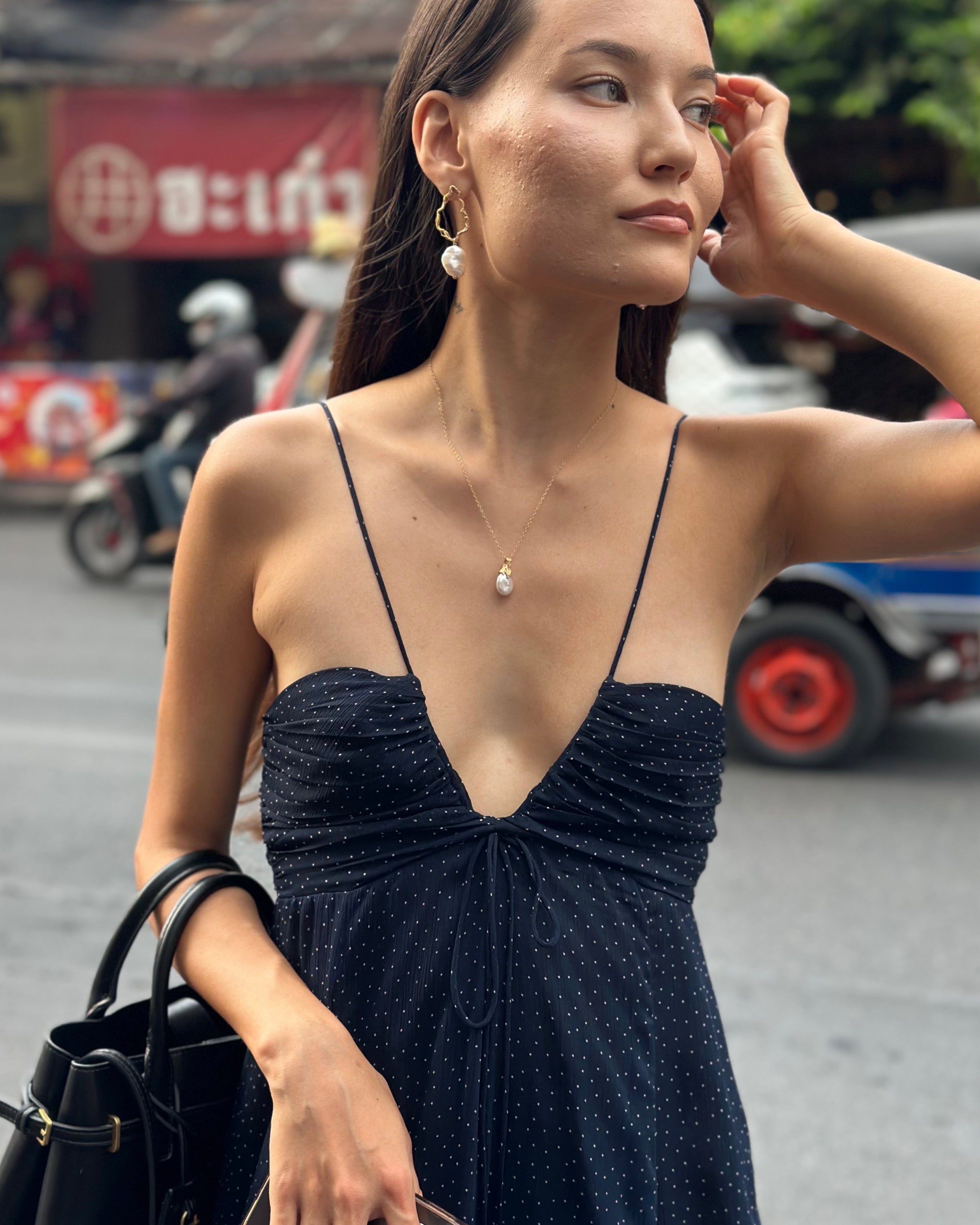 model wears Pearl Gold Vermeil Lichen Pendant Necklace

