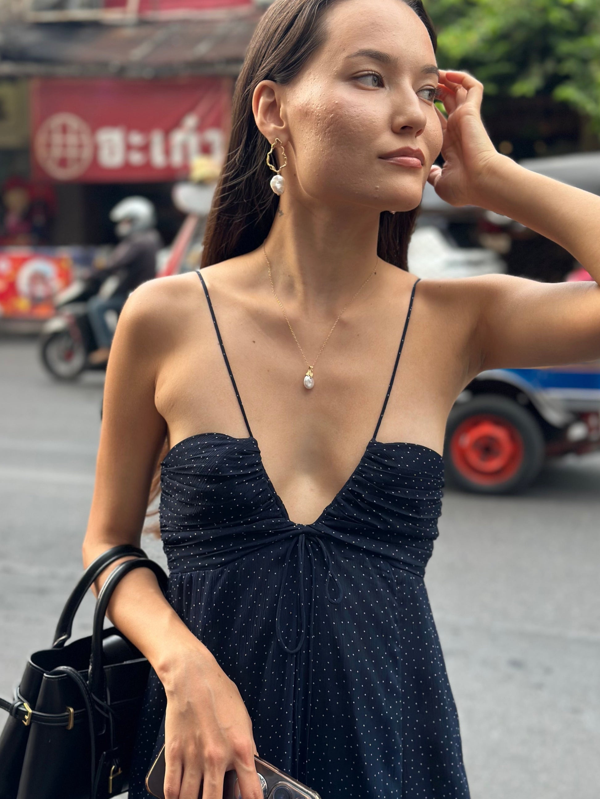 model wears Pearl Gold Vermeil Lichen Pendant Necklace
