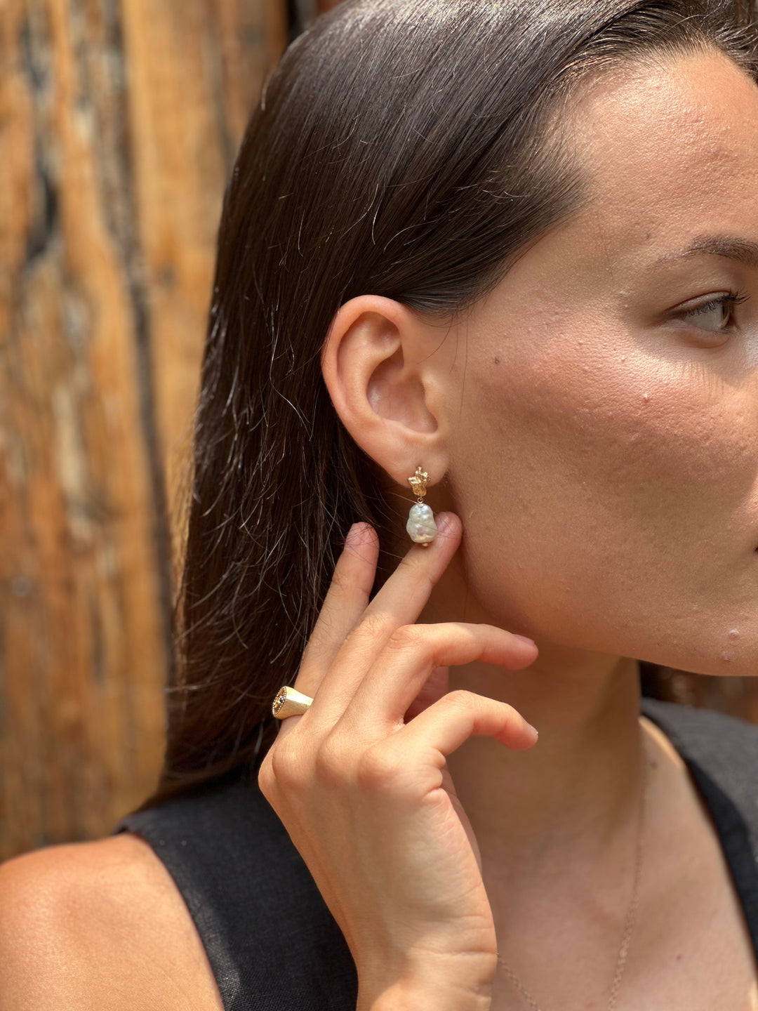 model wears Pearl Gold Vermeil Lichen Drop Earrings