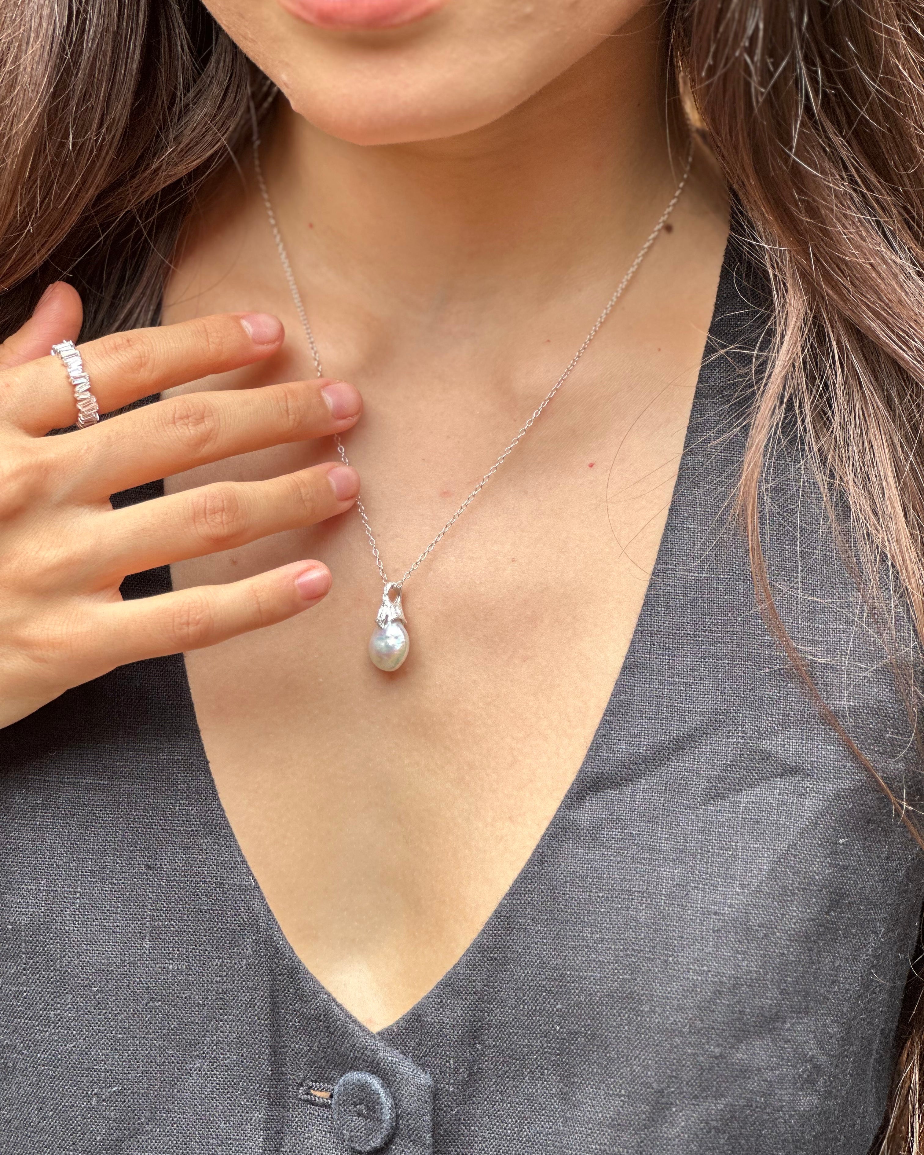 model wears Pearl Silver Lichen Pendant Necklace 