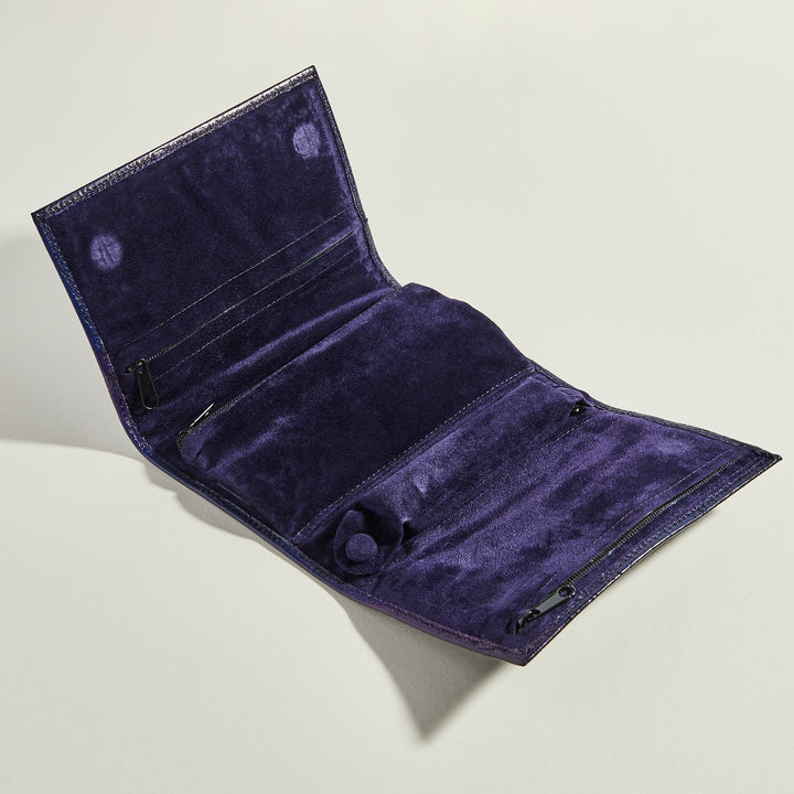 Navy leather jewellery roll - open
