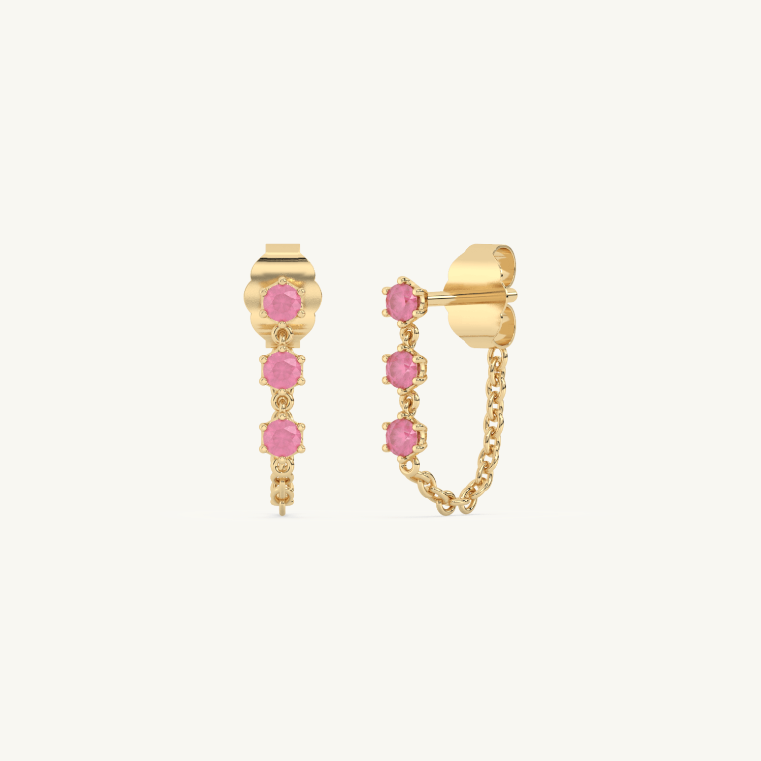 Pink Ruby 9ct Solid Gold Chain Stud Earrings