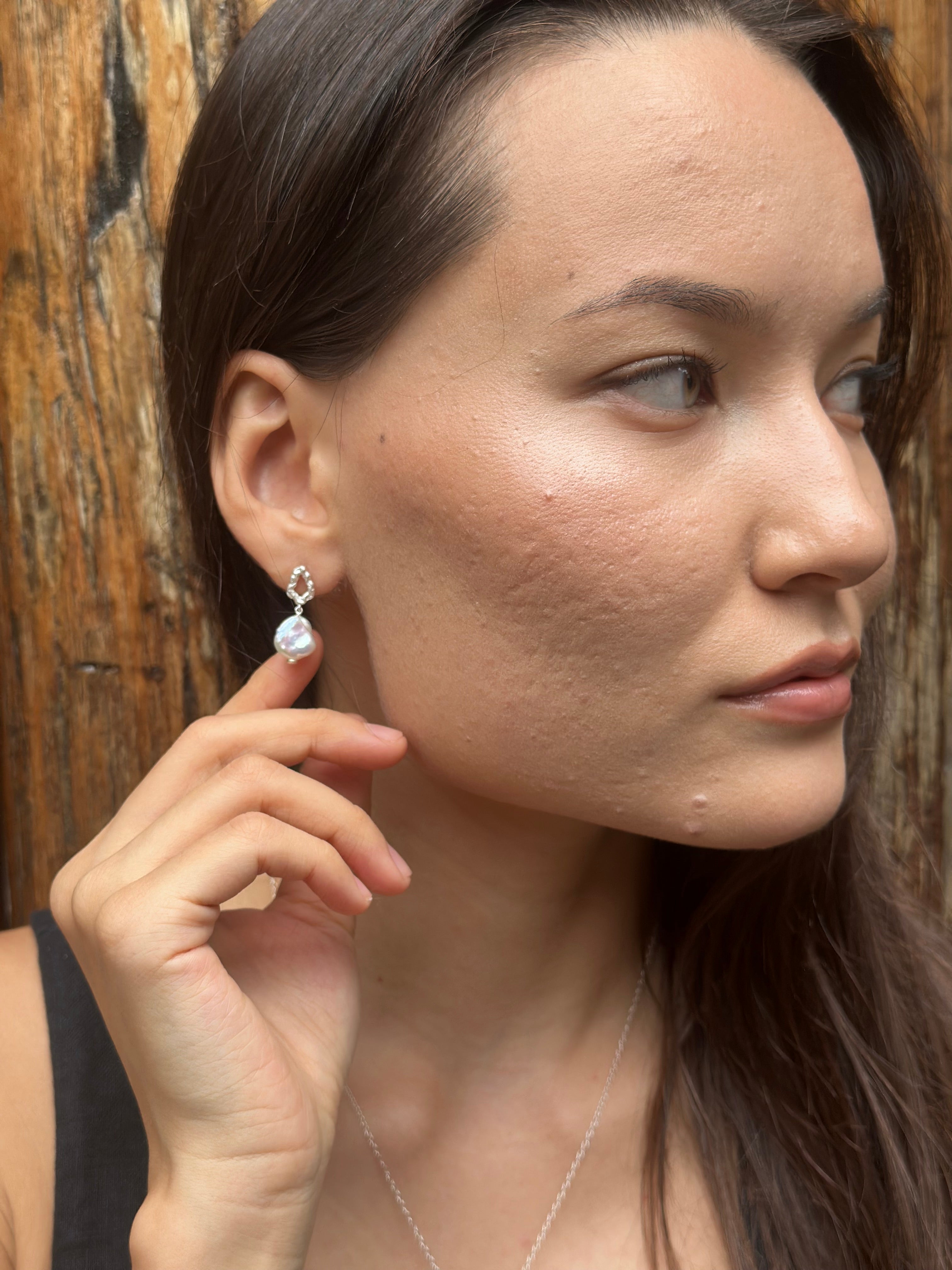 model wears Pearl Silver Lichen Drop Earrings