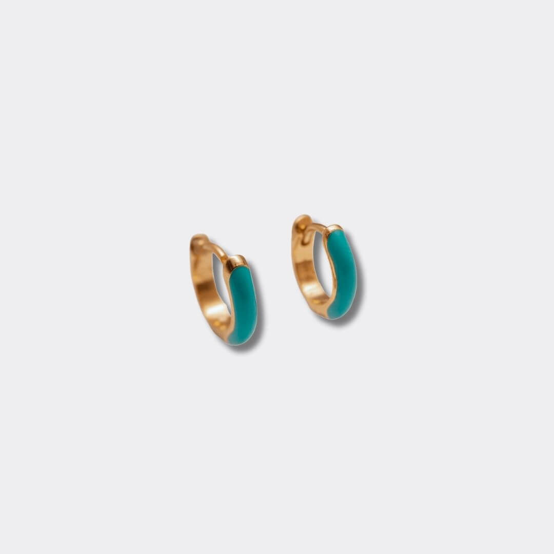Teal Enamel Gold Huggie Earrings