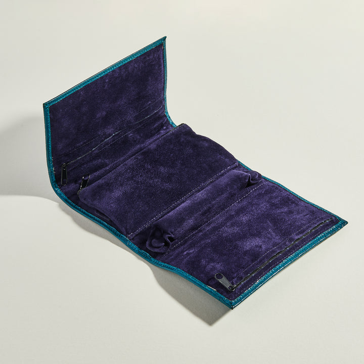 Teal leather jewellery roll - open