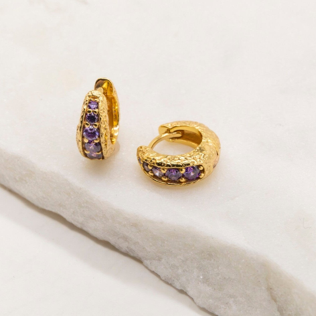 Amethyst and 18k Gold Vermeil Antique Textured Huggie Hoop Earrings - Claire Hill Designs
