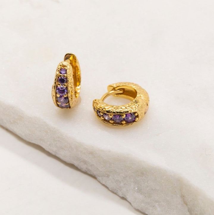 Amethyst and 18k Gold Vermeil Antique Textured Huggie Hoop Earrings - Claire Hill Designs
