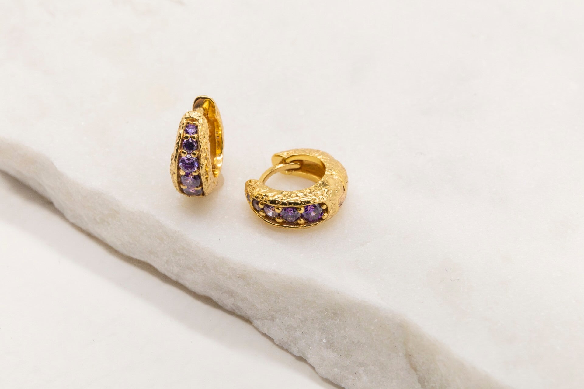 Amethyst Antique Gold Huggie Hoop Earrings