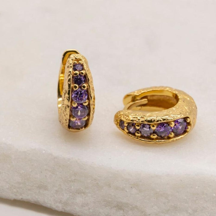 Amethyst and 18k Gold Vermeil Antique Textured Huggie Hoop Earrings - Claire Hill Designs
