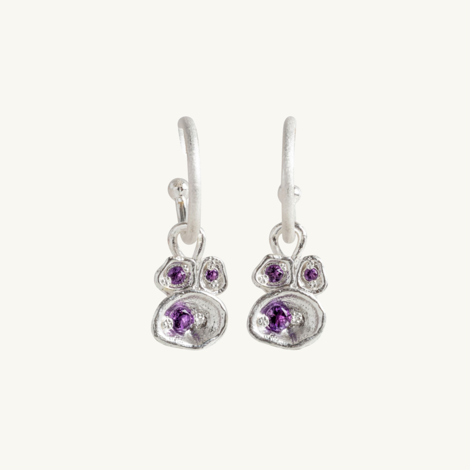 Amethyst Silver Lichen Hoop Earrings
