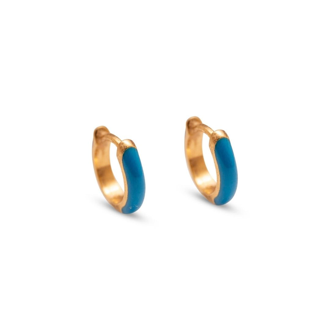 Blue Enamel Gold Huggie Earrings