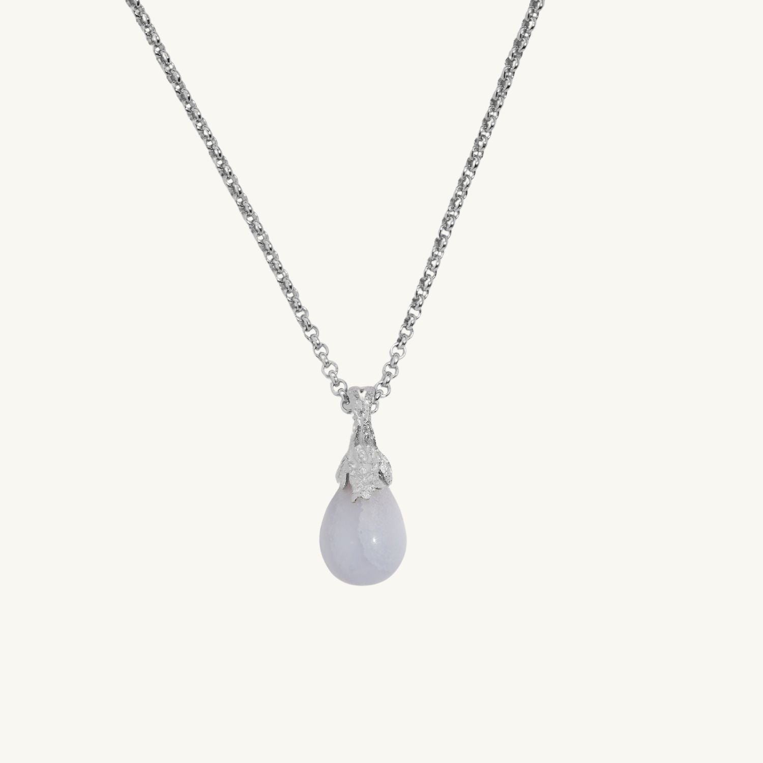 Blue Lace Agate Silver Lichen Pendant Necklace - rolo chain