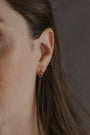 model wears Chalcedony Lichen Branch Gold Huggies

