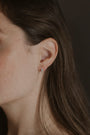 model wears Chalcedony Lichen Branch Silver Huggies