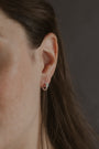 model wears Chalcedony Lichen Branch Silver Huggies