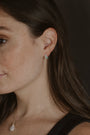 model wears Chalcedony Twisted Branch Silver Huggies