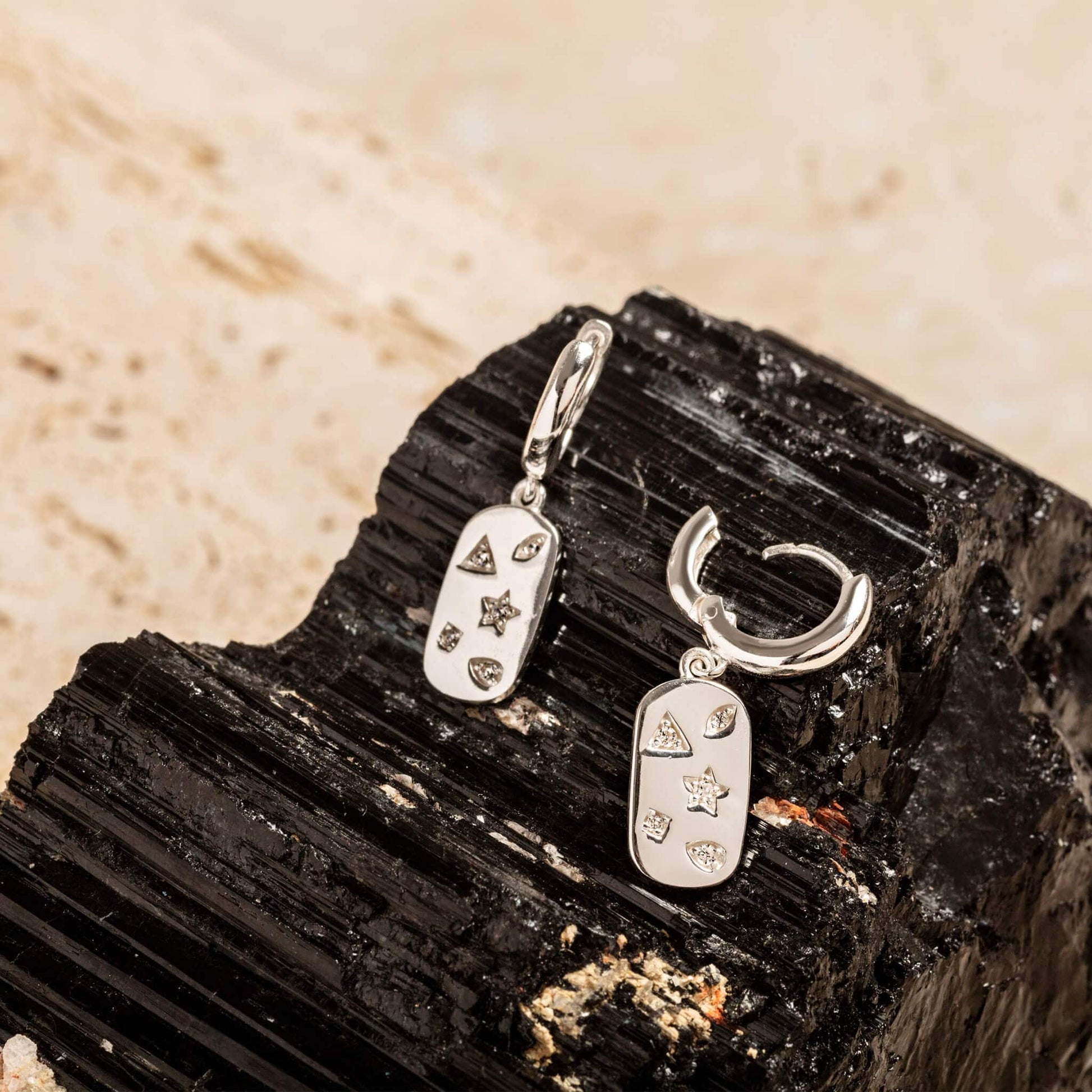 Mystic Star Silver Dog Tag Huggie Earrings