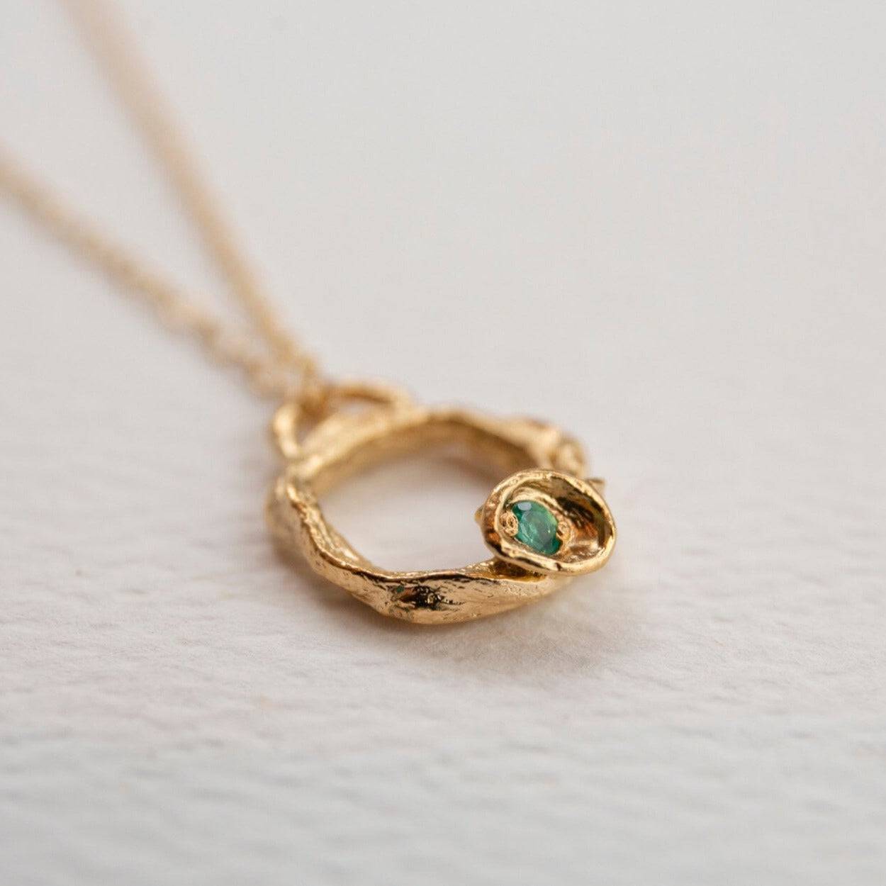 Emerald and Gold Eternity Birthstone Branch Necklace (Small) - close up