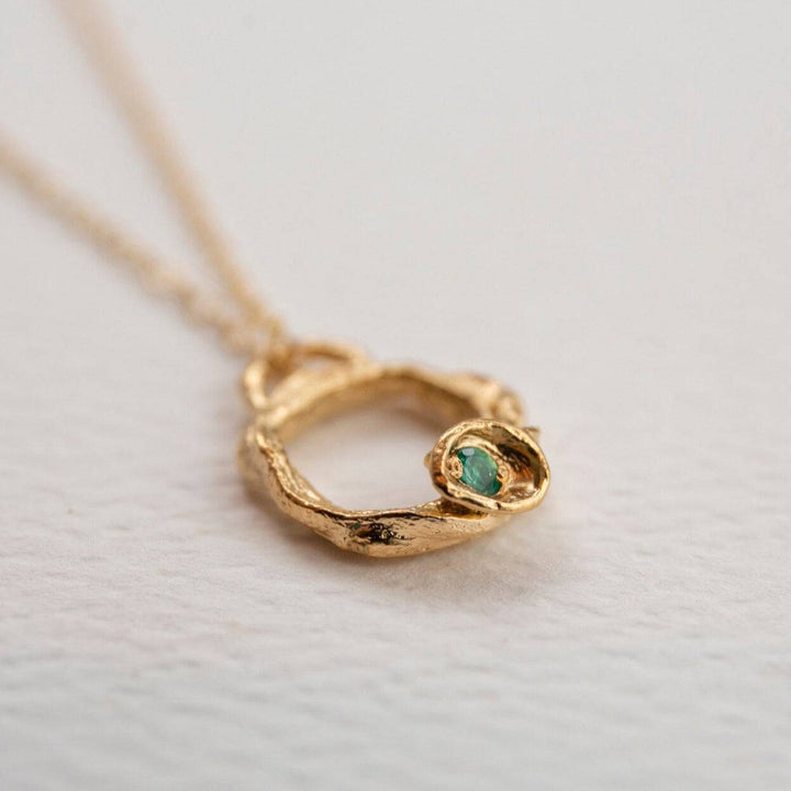 Emerald and Gold Eternity Birthstone Branch Necklace (Small) - close up