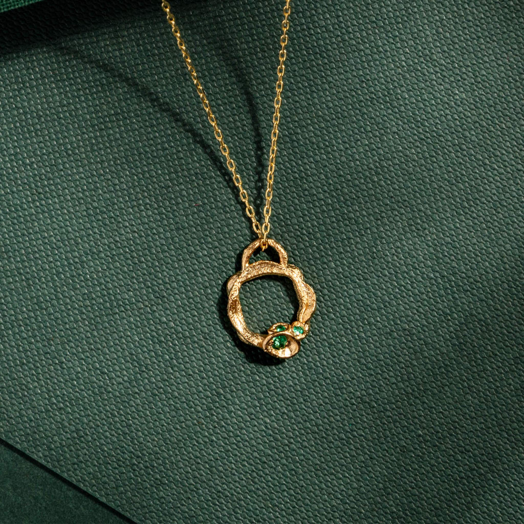 Emerald and Gold Birthstone Branch Circle Necklace (Small)