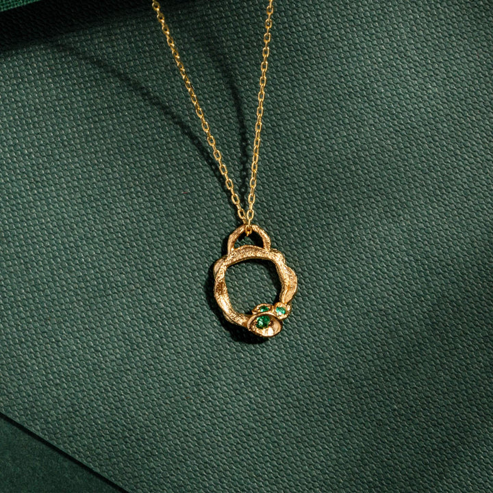 Emerald and Gold Birthstone Branch Circle Necklace (Small)