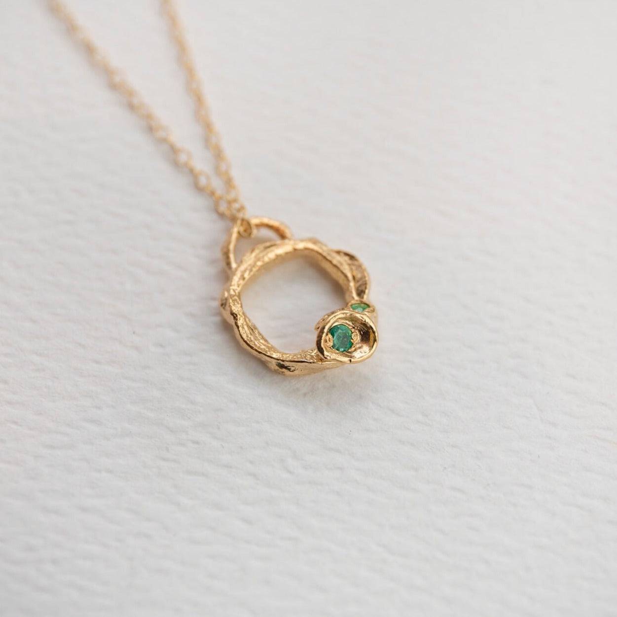 Emerald and Gold Birthstone Eternity Branch Circle Necklace (Small)