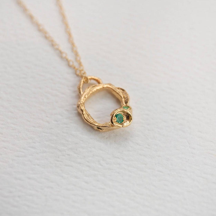 Emerald and Gold Birthstone Eternity Branch Circle Necklace (Small)