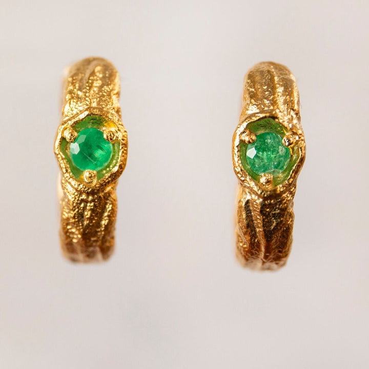 Emerald and 14k gold vermeil branch statement hoop earrings