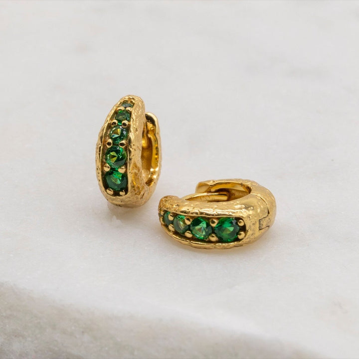 Emerald and 18k Gold Vermeil Antique Textured Huggie Hoop Earrings - Claire Hill Designs